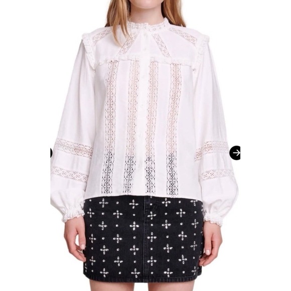 Maje Women's Charming Lace Insert Shirt Sz S (1) Business Casual Formal Flawed!